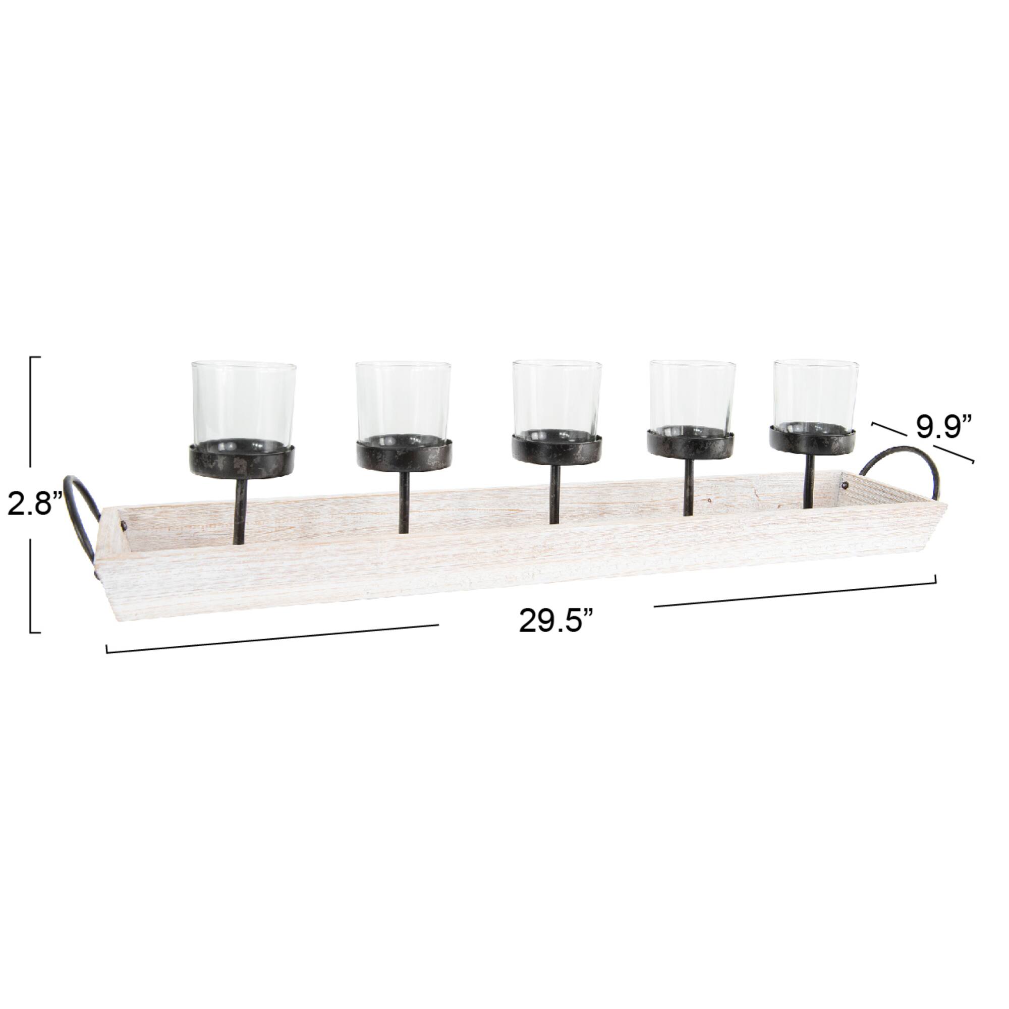 Hello Honey® Rectangle Wood Tray Holder with 5 Clear Glass Votive Candleholders